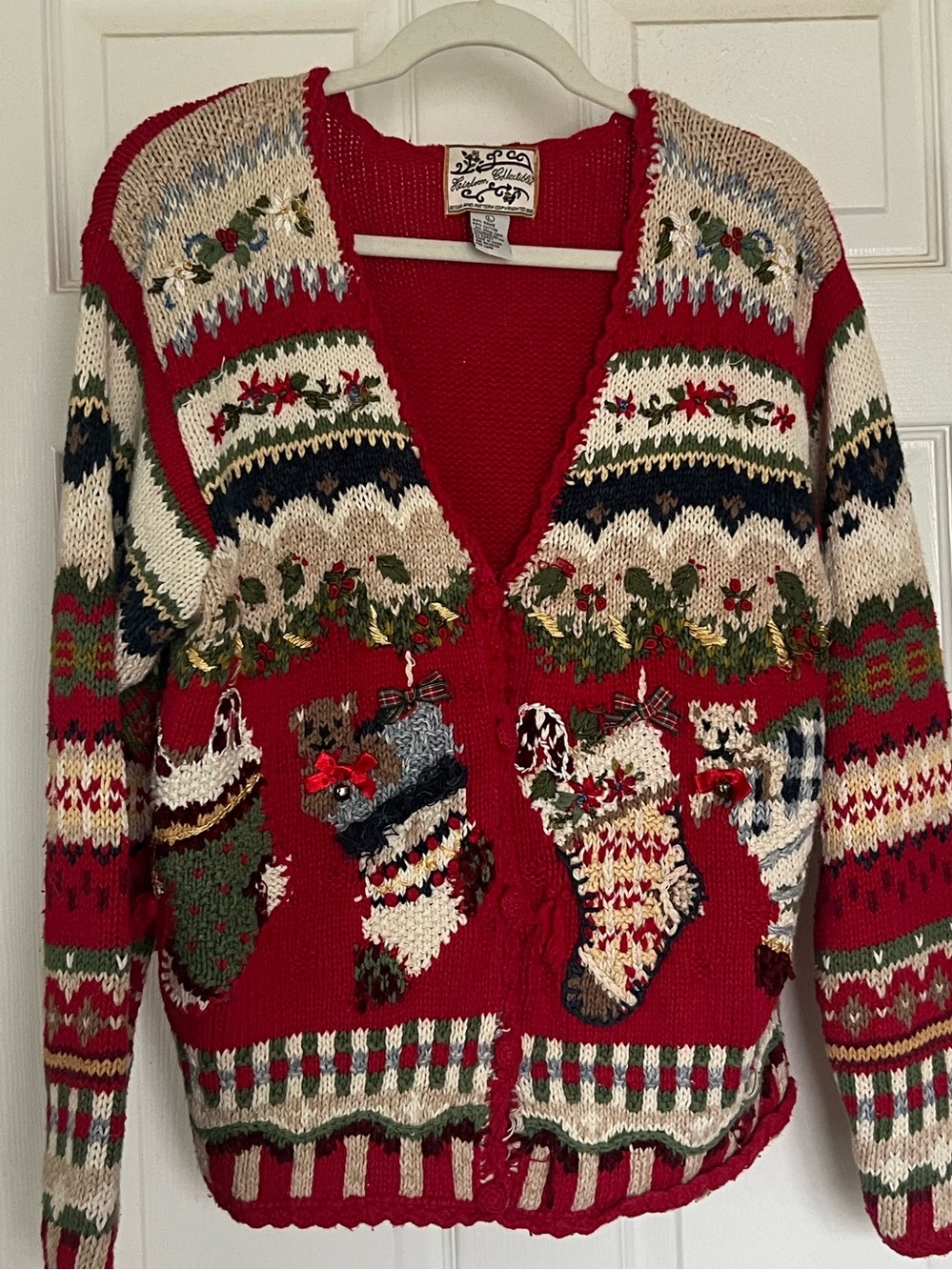 Vintage Heirloom Collectibles Knit Christmas Cardigan Stocking Teddy Bear M
